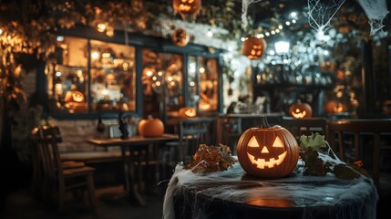 Cozy and inviting outdoor cafe with festive autumn and Halloween decor,including pumpkins,lanterns,and string lights creating a warm and welcoming atmosphere for seasonal