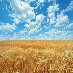 Field of golden wheat and blue sky with clouds