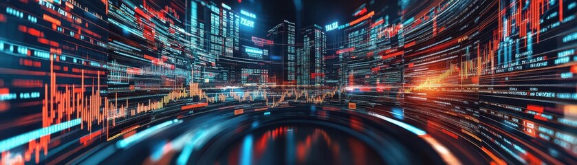 Fototapeta premium Abstract city skyline with glowing lines and data visualizations.
