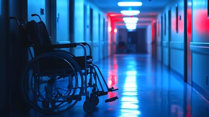 Obraz premium A haunting and eerie hospital corridor shrouded in a moody,blue-tinted light that creates an unsettling and foreboding atmosphere,evoking a sense of isolation and dread.