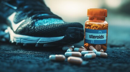Closeup of a black and blue running shoe placed next to a brown bottle of pills labeled steroids on the ground