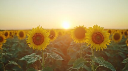 Fototapeta premium Stunning Sunset Over a Field of Sunflowers