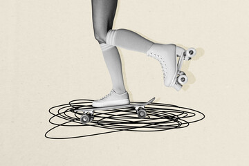 Creative collage image woman legs skater board rider hobby rollers drawing doodles leisure weekend...