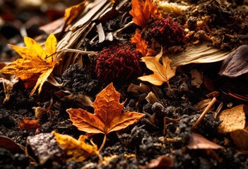 Fototapeta premium vibrant close diverse compost layers showcasing rich organic materials sustainable gardening eco friendly practices, texture, color, soil, nutrients