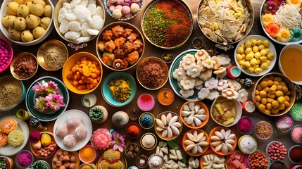 Fototapeta premium A vibrant assortment of traditional sweets and colorful spices displayed in elegant bowls, perfect for festive occasions.