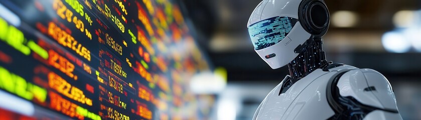 A futuristic robot stands before a digital stock market display, symbolizing AI's role in finance.