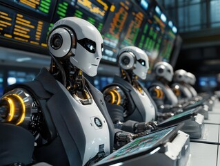 Fototapeta premium A row of humanoid robots in suits working at a trading desk.