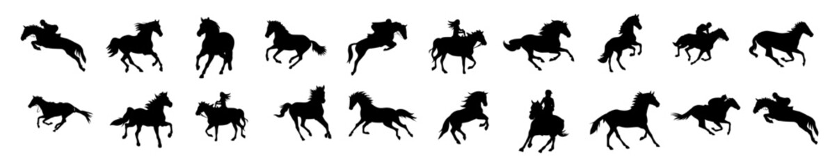 Set of silhouettes of black horses in different poses. Vector isolated on white background