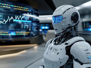 Futuristic robot in a high-tech environment analyzing data on a large screen.