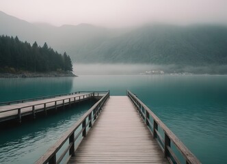 Fototapeta premium A Beautiful Serene Lake View Featuring a Wooden Pier Set Within a Misty Landscape Scene