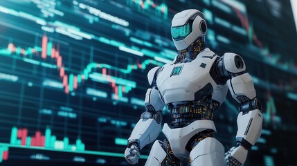 Naklejka premium White humanoid robot in front of stock market chart.