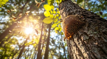Honeycomb Nest in a Forest Tree