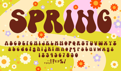 70s groovy psychedelic font with funky hippy type or 60s trippy typeface, vector retro alphabet. English letters font in cartoon groovy or soft rounded typeface in 70s or 80s hippie music festival art