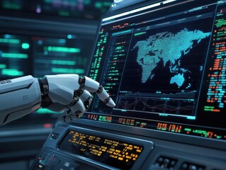 Naklejka premium Robotic hand pointing at a computer screen displaying a world map and code, futuristic technology concept.