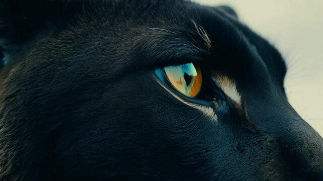 Captivating eye of a black panther showcases stunning colors, reflecting its environment. Focus on this powerful creature reveals the beauty and intensity of nature.