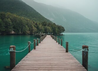 A Beautiful Serene Lake View Featuring a Wooden Pier Set Within a Misty Landscape Scene