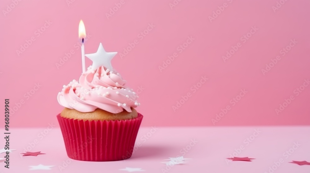 Canvas Prints Festive birthday cupcake with lit candle on pink background with copy space for celebrations and party invitations


