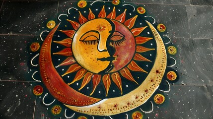 Colorful mandala featuring a sun and moon design, symbolizing harmony and balance in nature and spirituality.