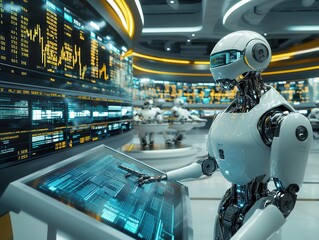 A futuristic robot working on a digital interface in a high-tech environment.