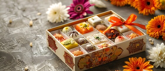 Colorful sweet box filled with assorted sweets, beautifully arranged with flowers for a festive celebration.