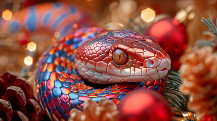 Obraz premium Snake surrounded with Xmas decorations, holidays and celebrations concept.