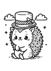 Hedgehog wearing magic hat kid coloring page