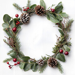 Fototapeta premium Natural holiday Christmas wreath made with pinecones, red berries, and evergreen branches on a clean white background