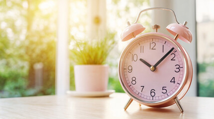 A vintage pink alarm clock sits on a wooden table beside a small green plant in a sunlit room
