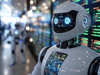 White humanoid robot with glowing blue eyes and a digital display in a server room setting.