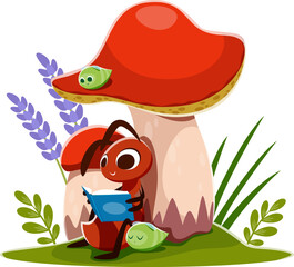 Cartoon ant reading a book on the lawn with mushrooms. Charming vector summertime scene with a cute ant immersed in a fantasy story sitting under the large amanita fungus with a funny aphid pet nearby