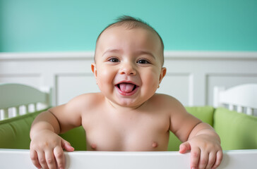 A candid portrait of a baby in a nursery.