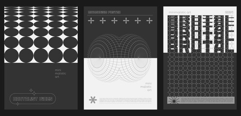 Set of modern abstract brutalist posters. Retro futuristic design elements, perspective grid, 3d circles. Posters silhouette minimalistic basic figures. Minimalistic monochrome brutalist vector design