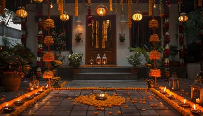 A beautifully decorated entrance with marigold flowers and glowing lanterns, perfect for festive celebrations and cultural events.