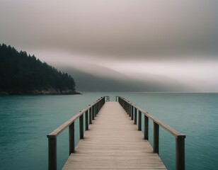 Naklejka premium A Beautiful Serene Lake View Featuring a Wooden Pier Set Within a Misty Landscape Scene