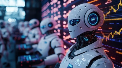 A row of humanoid robots stand in front of a digital display with data and charts.