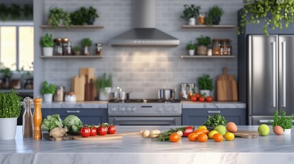 Fresh vegetables arranged on a kitchen countertop in a modern home, showcasing a vibrant culinary scene filled with herbs and ingredients