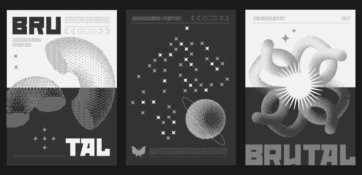 Set of trendy minimalistic posters or covers with 3d bitmap geometric shapes. Monochrome brutalist design, futuristic composition. Vector illustration.