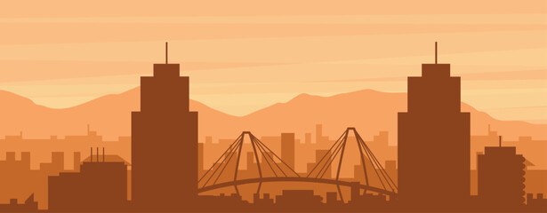 Obraz premium Brown panoramic poster of the city skyline with misty background buildings, sunrise, clouds and mountains of CHARLESTON, UNITED STATES