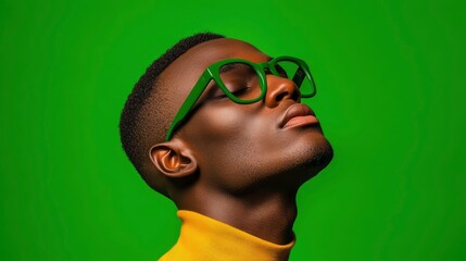 Fototapeta premium Portrait of a Young Black Man Wearing Green Glasses Against a Green Background