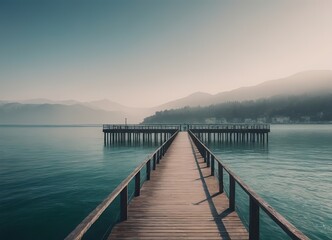 Fototapeta premium A Beautiful Serene Lake View Featuring a Wooden Pier Set Within a Misty Landscape Scene
