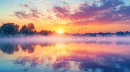 Fototapeta premium A summer sunrise over a serene lake with mist rising, colorful skies reflecting on calm water, and birds in flight