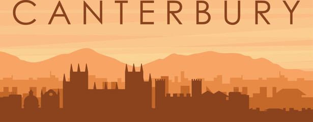 Brown panoramic poster of the city skyline with misty background buildings, sunrise, clouds and mountains of CANTERBURY, UNITED KINGDOM