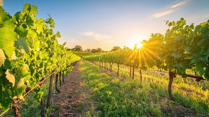Naklejka premium A sun-drenched vineyard with rows of grapevines, green leaves, and ripe grapes ready for harvesting, under a clear sky