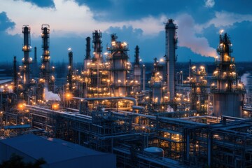 Fototapeta premium An expansive oil refinery at dusk, with complex pipes and towers lit by bright industrial lights, emitting subtle plumes of smoke