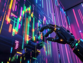 Robot hand interacting with a digital stock market display.