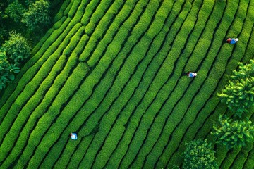 Fototapeta premium aerial drone view of green tea plantation highlands from above with hats of tea collectors or pickers seen from distance. Tea industry asian countries. 