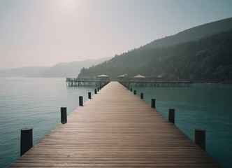 Naklejka premium A Beautiful Serene Lake View Featuring a Wooden Pier Set Within a Misty Landscape Scene