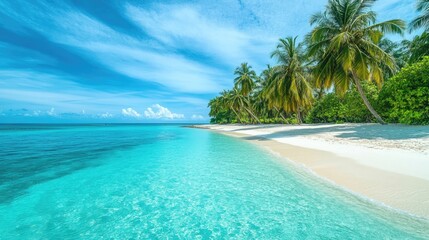Fototapeta premium A tropical island with white sandy beaches, palm trees, and a crystal-clear blue lagoon under a cloudless sky