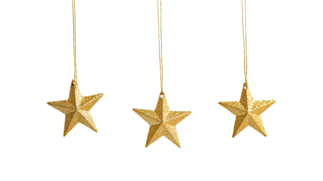 Hanging gold stars on string, isolated on white background