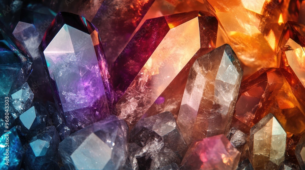 Poster a unique background with layered transparent crystals creating a kaleidoscope effect with rich color